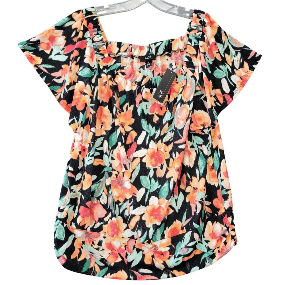 AGB Black Floral Shirt NEW Short Sleeves Scoop Neck Pullover Tee Women's Size XL